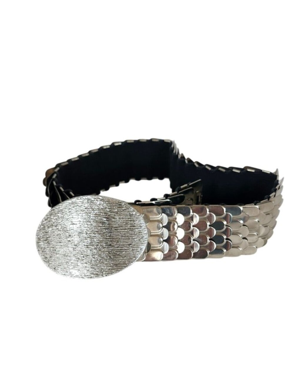 Vintage 1980S Stretch Glam Disco Belt W/ Silver Fish Scale Metal & Oval Textured